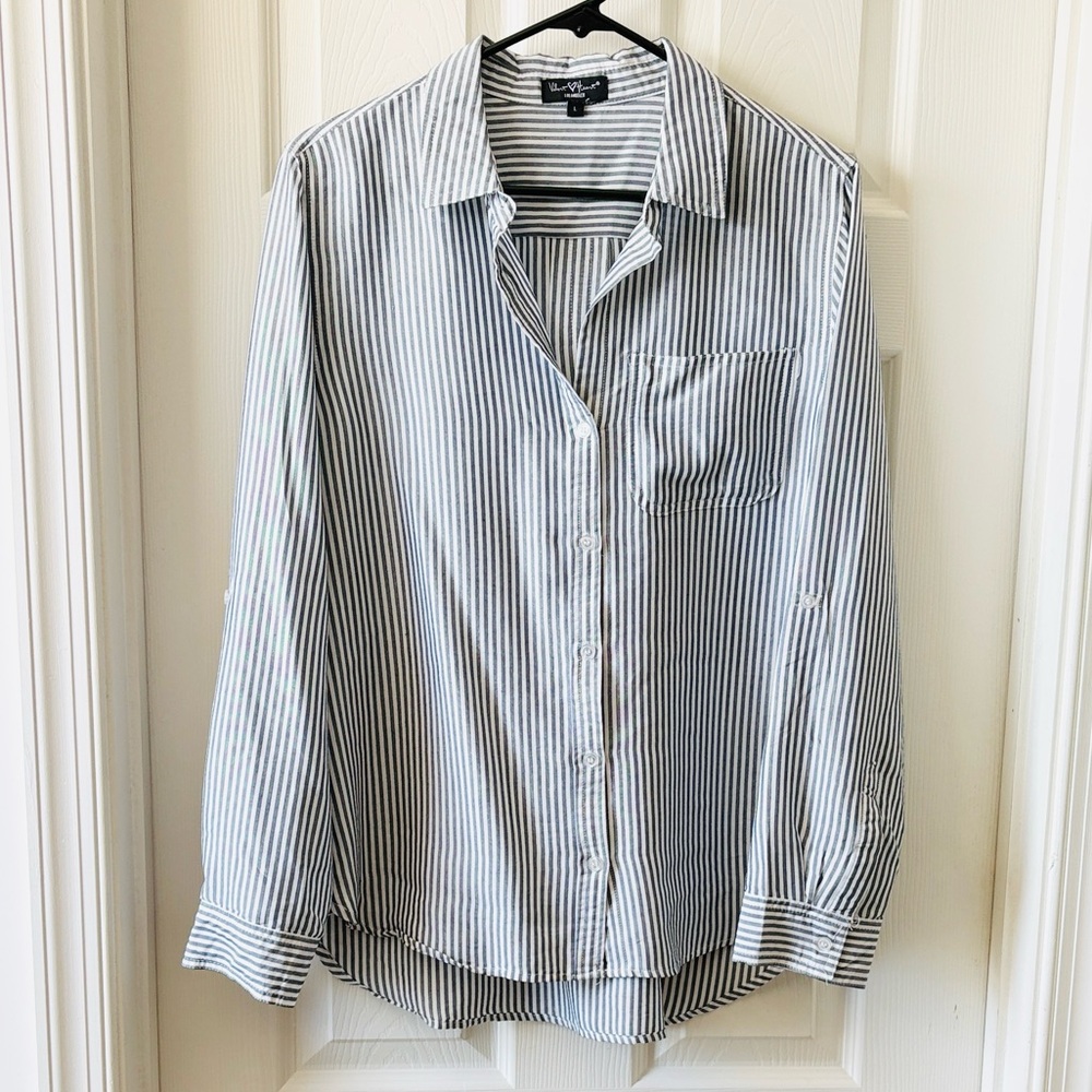Velvet Heart Black/Grey and White Striped Button Down Shirt